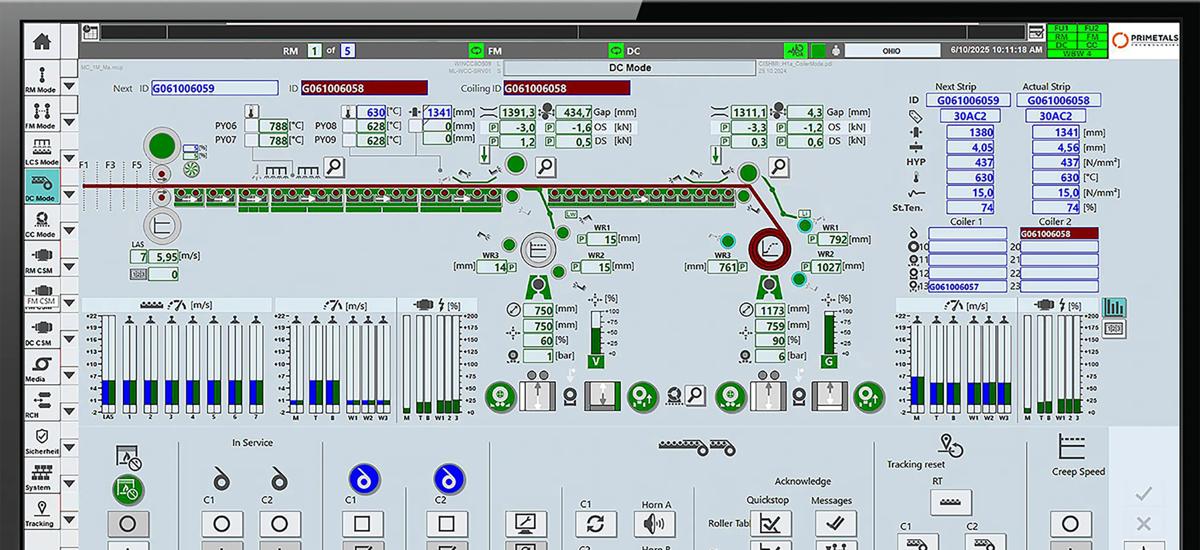 A screen in the Hot Strip Mill Down Coiler area displays real-time information on coiling operations, including strip position, tension, and coil quality, allowing operators to ensure precise coiling and maintain high product standards.