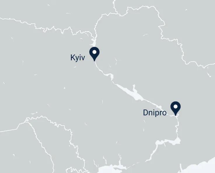 Screenshot of the map with the pin showing the location of Kyiv, and Dnipro, Ukraine