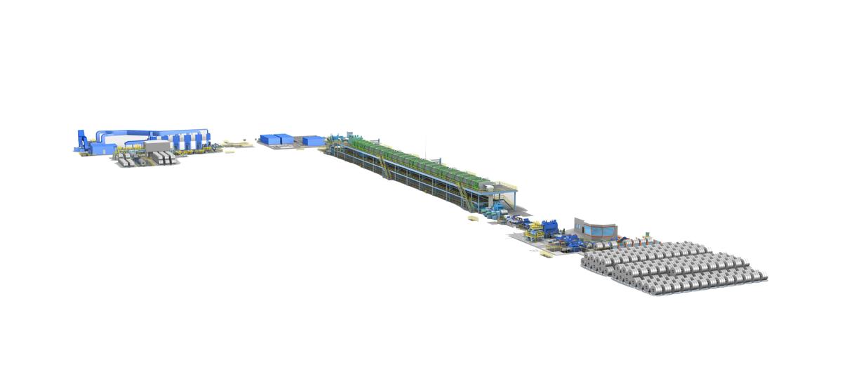 Pickling tandem line (tandem to the left, strip running area at center, and inlet to the right) in cold rolling mill No. 3 at voestalpine’s plant in Linz, Austria. Primetals Technologies supplies core components, process machinery, and integration into the plant.