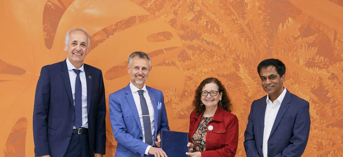 Representatives from LanzaTech and Primetals Technologies during the signing ceremony. From left to right: Karl Purkarthofer, Executive Vice President & Global Head of Services Primetals Technologies, Alexander Fleischanderl, Senior Vice President & Head of Green Steel Primetals Technologies, Jennifer Holmgren, CEO LanzaTech, and Sanjeev Manocha, Global Business Development Director, LanzaTech.