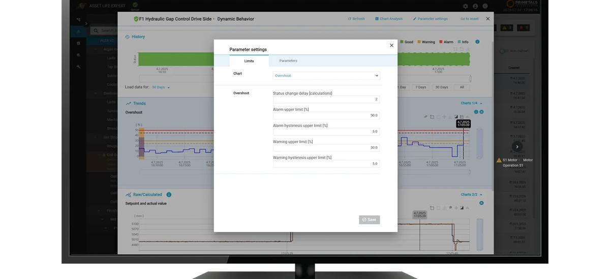 HMI screen displaying real-time condition monitoring data with a chart analysis, used by maintenance engineers to evaluate equipment status and plan maintenance activities.