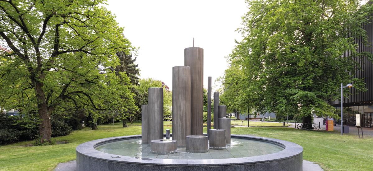 Herbert Bayer, Fountain Sculpture, 1977. Inspired by minimalism and constructivism, the cylinders interact with the water from the fountain in a mathematically beautiful spiral motion.