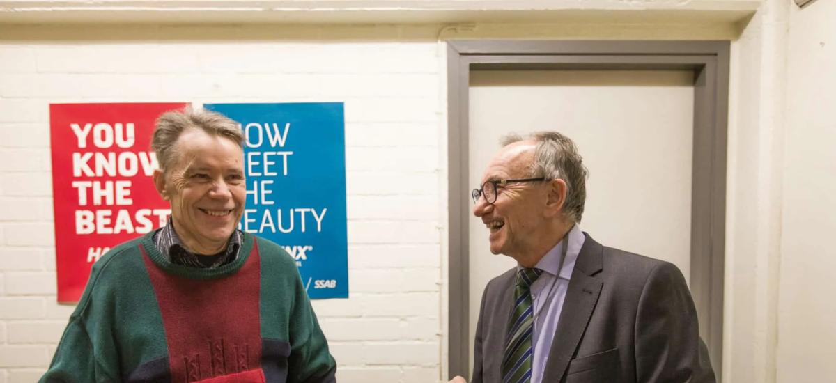 Re-united after two decades: Tauno Haapakangas from Rautaruukki / SSAB and Karl Pirner of Primetals Technologies celebrate their achievements in Raahe, Finland.