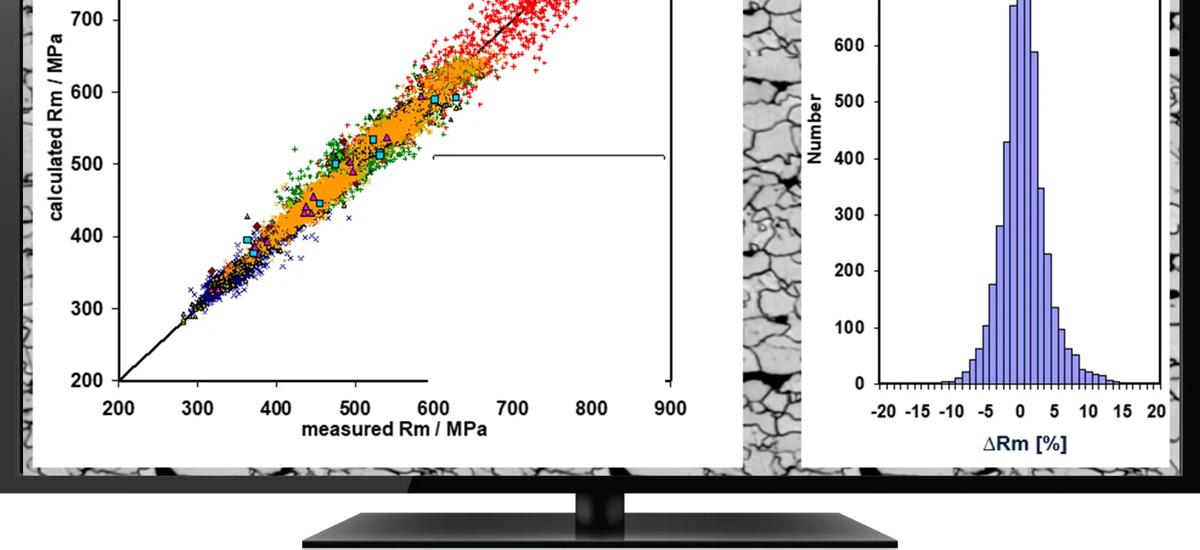 A screen displays measured values of the metal’s internal structure, such as grain size and phase composition, providing detailed quality information for process control and ensuring the desired material properties are achieved.