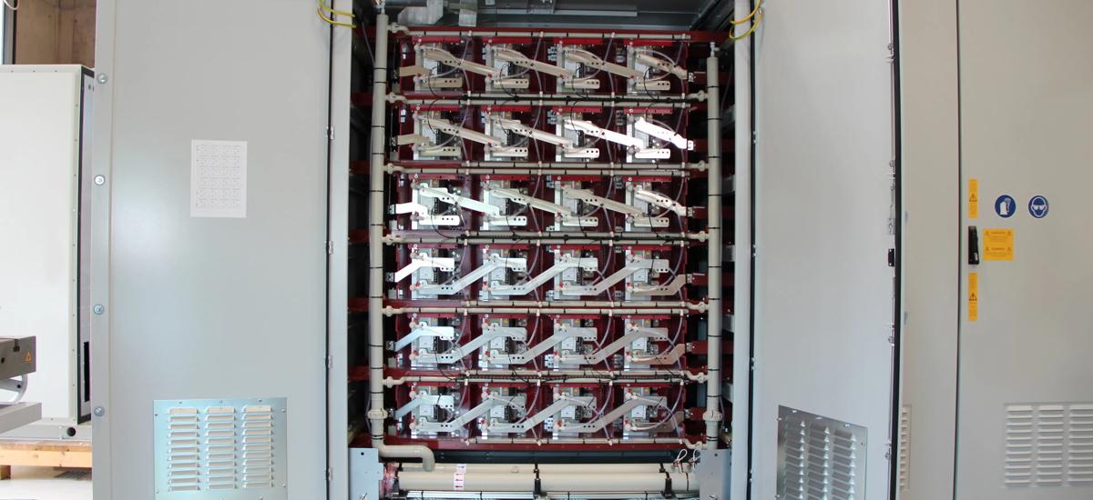 The photo shows the Active Power Feeder power cubicle for the efficient and grid friendly feed for electric arc furnaces