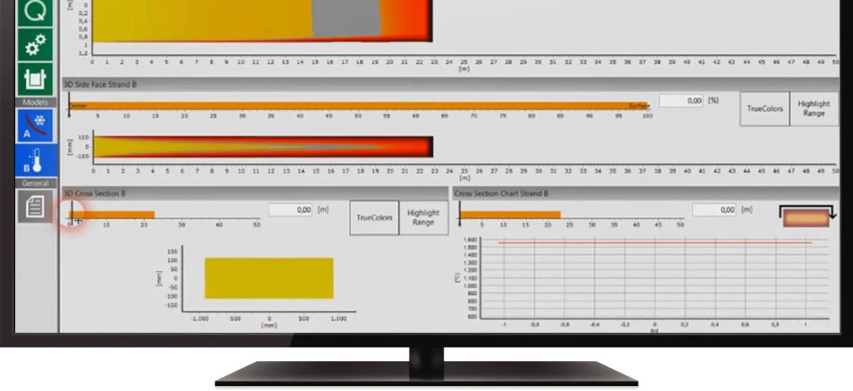 Monitor displaying the Dynacs 3D thermal‑profile interface used for real‑time strand temperature and solidification tracking