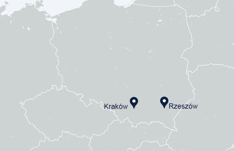 Screenshot of the map with the pin showing the locations of Primetals Technologies in Rzesyow and Krakow, Poland