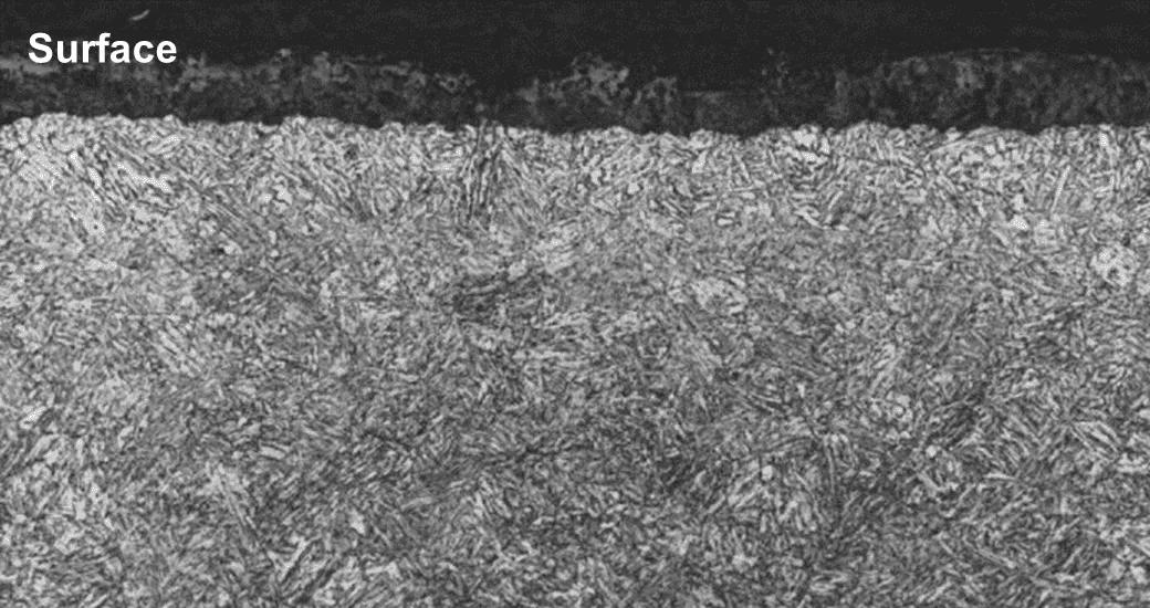 Near-surface optical micrograph taken from a test sample of direct quenched (DQ) or abrasion-resistant steel plate