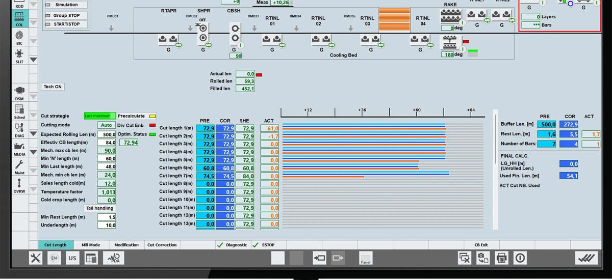 Long Rolling Cut To Length HMI screen displaying real-time control and monitoring of the cut-to-length process, including length settings, material position, and cutting status for precise and efficient production.