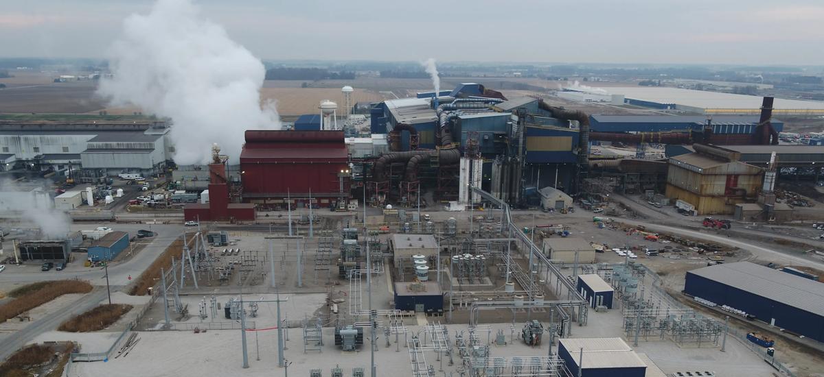 Aerial view of a steel plant and its high-voltage power substation. The substation ensures stable, reliable electricity supply for large-scale steel production, supporting efficient operations and grid integration in a demanding industrial environment.