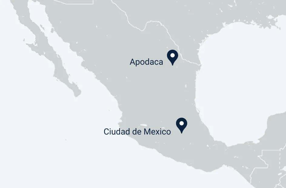 Screenshot with the pin marking the Apodaca  and Ciudad de Mexico locations