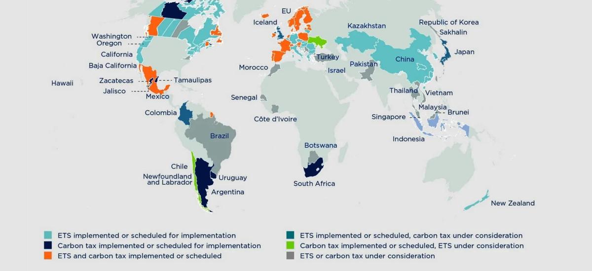 Fig. 3: Carbon pricing initiatives implemented, scheduled for implementation, and under consideration (ETS and carbon tax, 2021). World Bank Group, “State and Trends of Carbon Pricing 2021,” Washington D.C., U.S.A., 2021