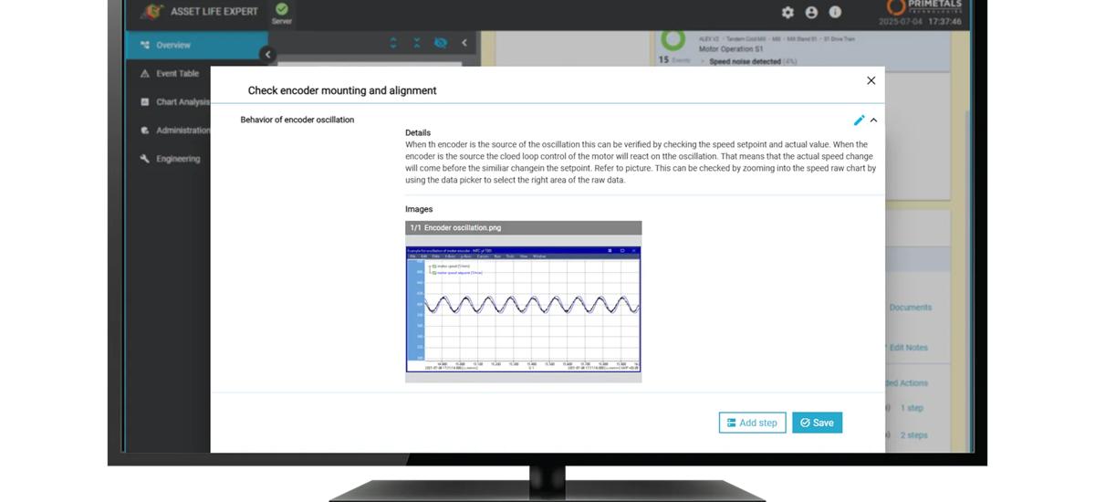 HMI screen displaying real-time condition monitoring data with a chart analysis, used by maintenance engineers to evaluate equipment status and plan maintenance activities.
