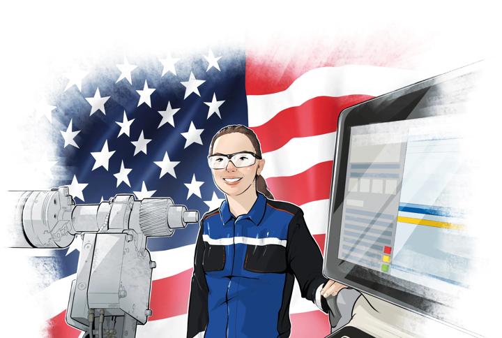 Female engineer working at the Sutton location with a US flag in the background