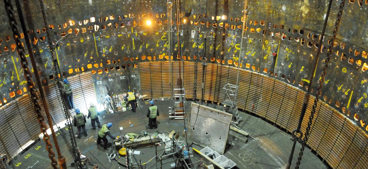 Copper staves being installed into a blast furnace