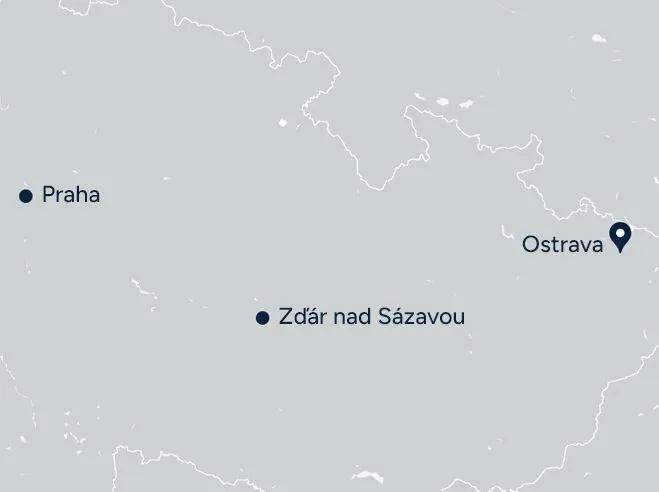 Photo the Map of the Czech Republic with the Locations in Ostrava, Prague and Zdar nad Sazavou marked.