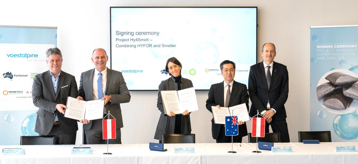 Primetals Technologies, Fortescue, and voestalpine signed the Memorandum of Understanding on Monday, December 19. From left to right: Dr. Franz Androsch Senior Vice President and Head of R&D and Innovation at voestalpine, Hubert Zajicek, Head of the Steel Division at voestalpine, Sara Edmonson, GM Regional Lead Europe and the UK at Fortescue, Dr. Etsuro Hirai, CTO at Primetals Technologies, and Andreas Viehböck, Head of Upstream Technologies at Primetals Technologies