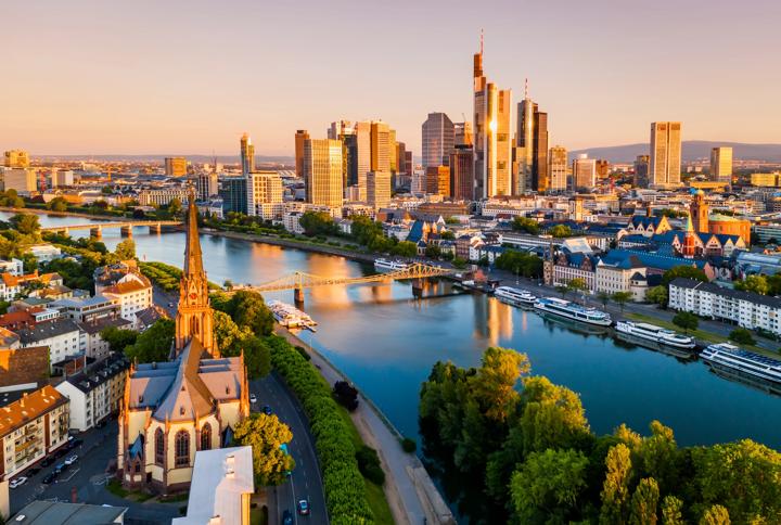 Cityscape of Frankfurt am Main aerial view at sunrise