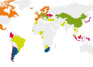 World map illustrated where emissions trading systems or carbon taxes are in place or being considered. 