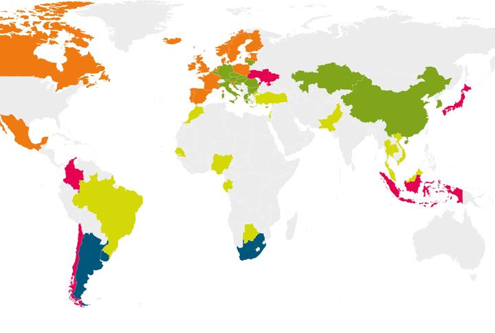 Worldmap showing various countries with emissions trading systems. 