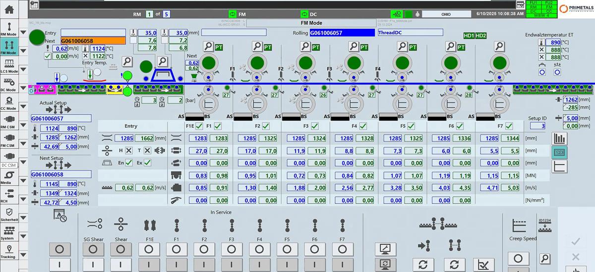 A screen in the Hot Strip Mill Finishing Mill area shows real-time production data, process parameters, and strip quality metrics, helping operators monitor and control the final stages of strip processing for optimal product quality.
