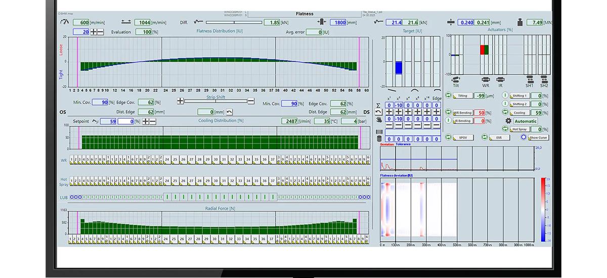 HMI screen displaying the flatness control interface of the Technology Control System (TCS), showing real-time flatness measurements and control adjustments to optimize aluminum strip quality during rolling.