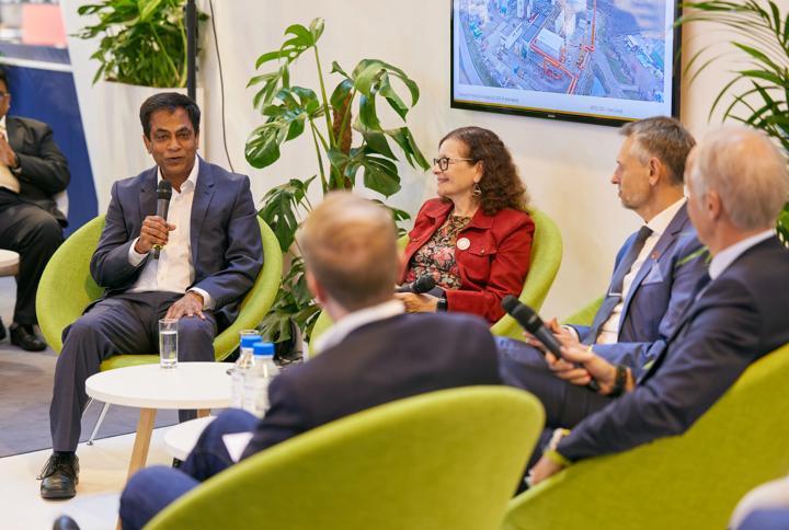 Panelists Jennifer Holmgren, CEO of LanzaTech, and Sanjeev Manocha, Global Director of Business Development, at METEC 2023