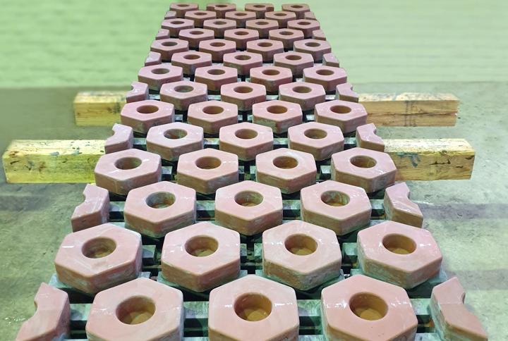 Copper staves with hexagonal inserts from Primetals Technologies ready for inspection prior to delivery. 