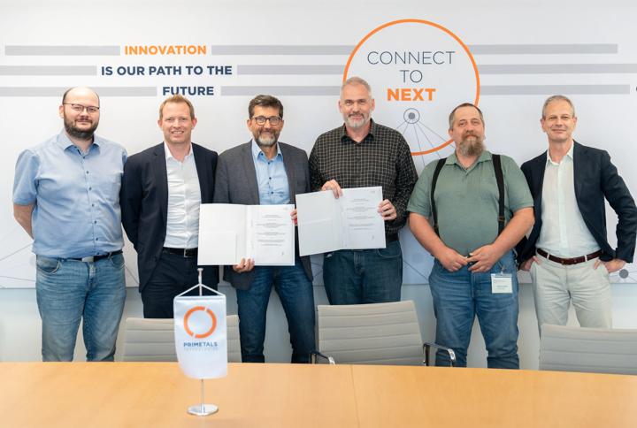 From left to right: Holger Schmidt, Thomas Brunner, Michael Stiftinger, all with Primetals Technologies, Robert Fries, Harald Trost (TCT), and Andreas Weinhengst (Primetals Technologies). 