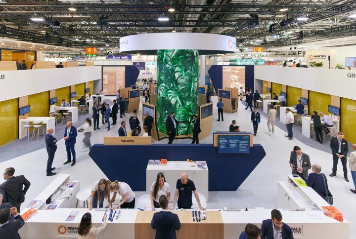 Overhead view of the stand at METEC 2023 from Primetals Technologies. 