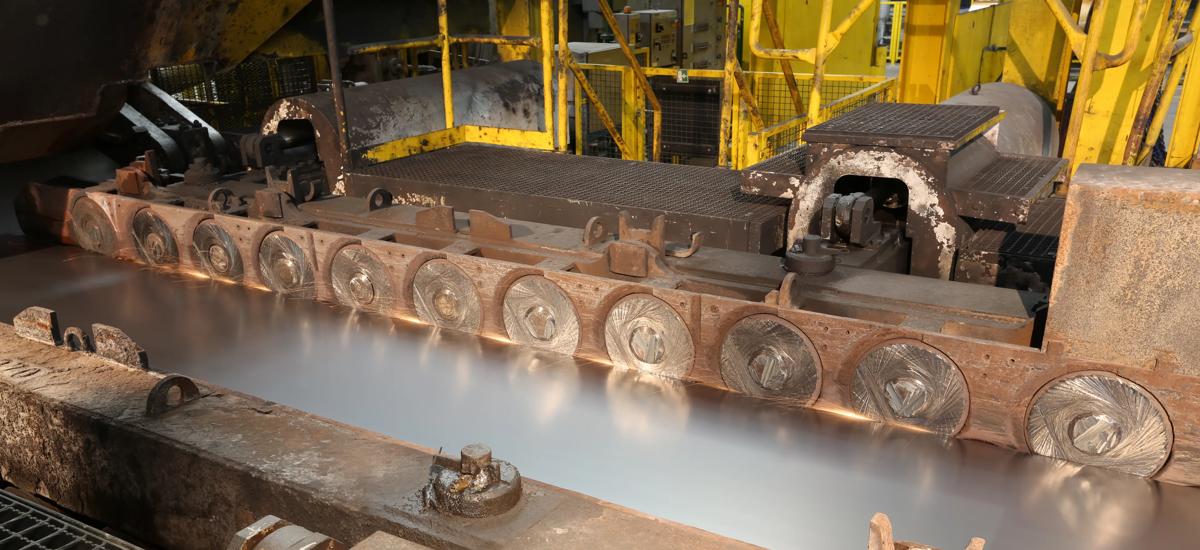 Side guides with Eco Slide Discs from Primetals Technologies at the entry side of the down coiler in the hot strip mill of voestalpine Stahl in Linz, Austria.