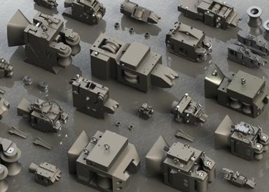 Array of guides for long rolling mills, for material handling in roughing, intermediate, and finishing stands.