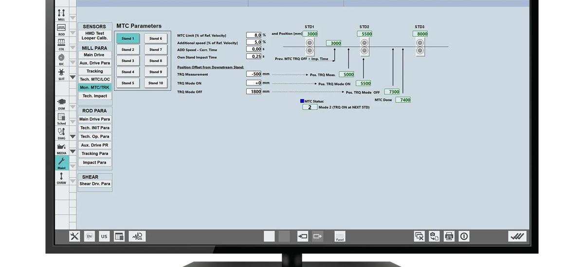HMI screen for the Long Rolling Minimum Tension Controller (MTC), displaying real-time data and control options for precise stock control, stable rolling conditions, and improved product quality. The system provides production managers, operators, and maintenance engineers with tools to optimize processes and ensure consistent results.