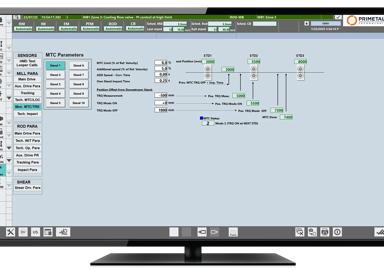 HMI screen for the Long Rolling Minimum Tension Controller (MTC), displaying real-time data and control options for precise stock control, stable rolling conditions, and improved product quality. The system provides production managers, operators, and maintenance engineers with tools to optimize processes and ensure consistent results.