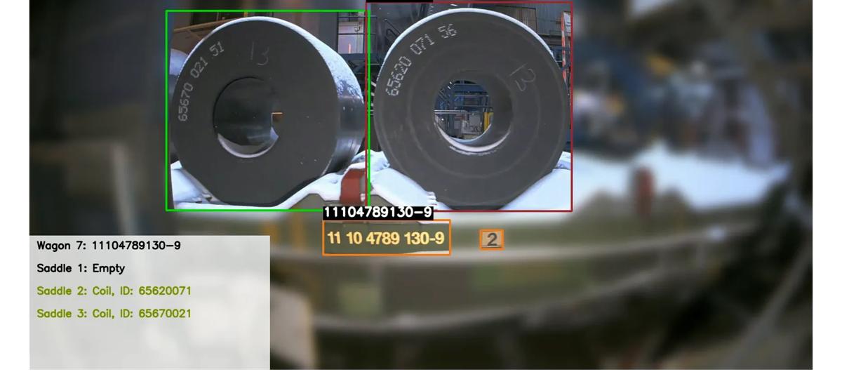 An incoming train carrying coils, each coil clearly marked with identification numbers. These numbers have been automatically recognized and recorded by vision-based artificial intelligence, supporting operators in hot and cold rolling mills with efficient and accurate coil tracking.