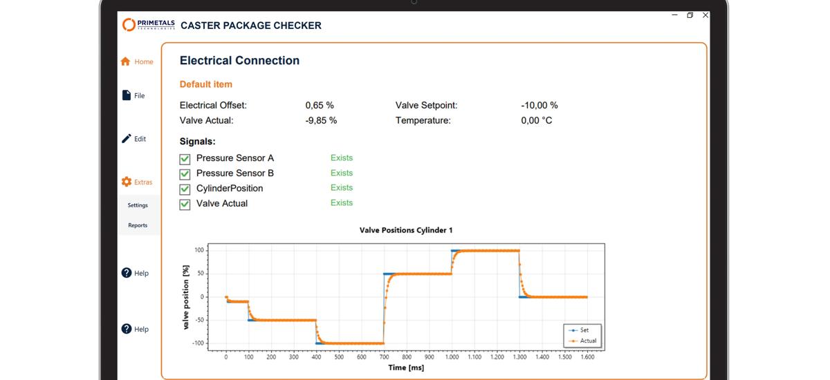 Laptop displaying Caster Package Checker interface with test data and graphs for automatic testing of caster packages.
