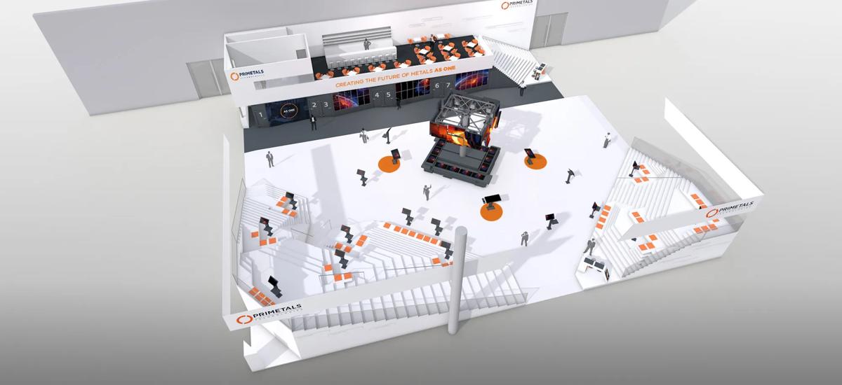 Computer-animated display of the Primetals Technologies trade fair booth at METEC 2015 in Dusseldorf.
