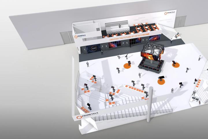 Computer-animated display of the Primetals Technologies trade fair booth at METEC 2015