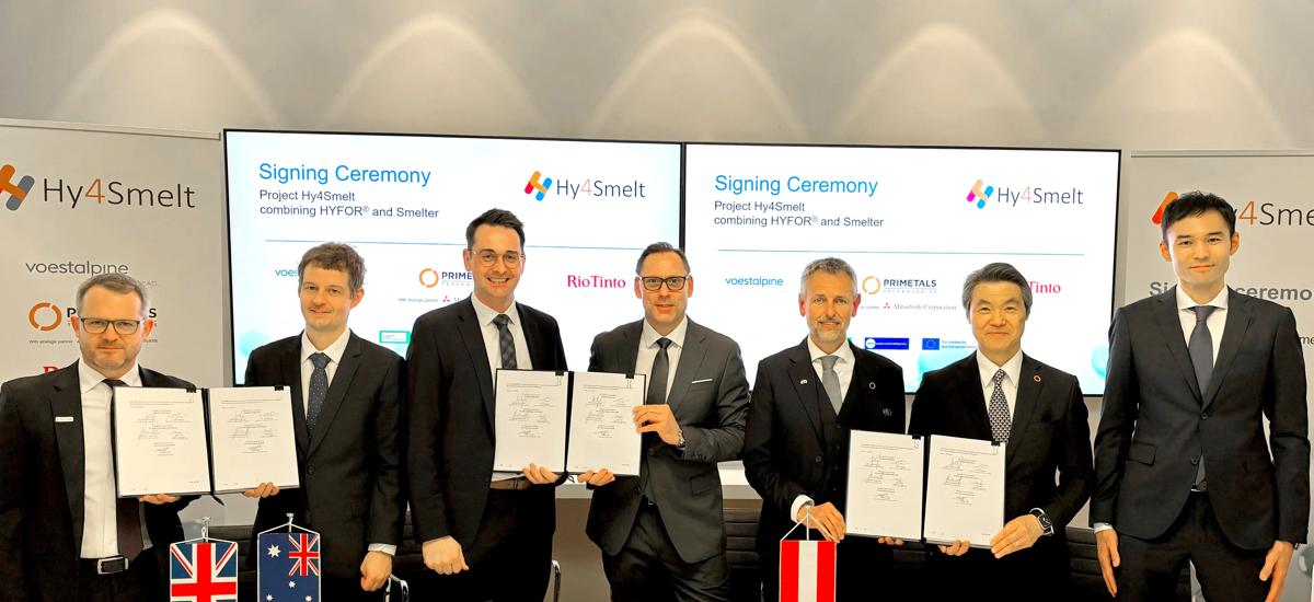 Representatives from voestalpine, Rio Tinto, Mitsubishi Corporation, and Primetals Technologies during the signing ceremony held in Vienna, Austria. From left to right: Rafael Azevedo, General Manager Iron Ore Sales Atlantic and Thomas Apffel, Senior Vice President Steel Decarbonization, both with Rio Tinto; Kurt Satzinger, Senior Vice President of R&D and Innovation and Helmut Gruber, CTO and Member of the Board of Directors, both with voestalpine Stahl; Alexander Fleischanderl, CTO and Head of Green Steel and Satoru Iijima, Member of the Board, both with Primetals Technologies; Seitaro Takarabe, Team Leader, DRI, Iron Ore Department at Mitsubishi Corporation.