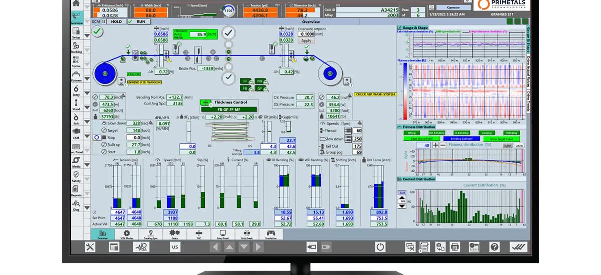 HMI screen displaying the Single Cold Mill interface of, showing real-time speed thickness and flatness measurements and control adjustments to optimize strip quality during rolling.