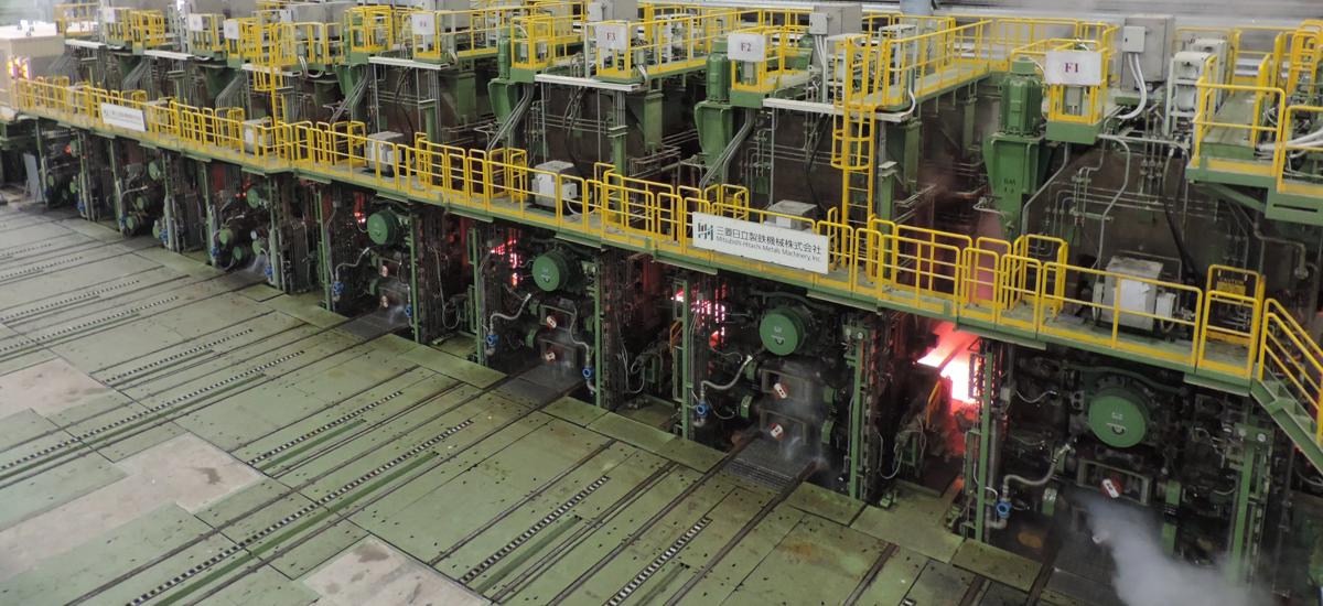 Finishing mill in the hot rolling mill from Primetals Technologies supplied to Formosa Ha Tinh Steel Co. in Vietnam. Four of the seven stands on the finishing mill are equipped with pair cross technology to optimize the progressive profile control. (Photo courtesy of FHS).