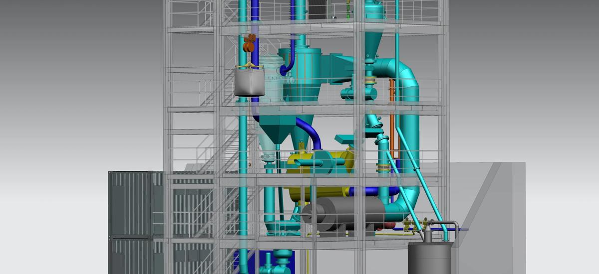 Computer-generated image of a direct reduction plant for iron ore fines developed by Primetals Technologies together with voestalpine Stahl Donawitz. The DR process is CO2-free and H2-based. A pilot plant for testing purposes will be set up at voestalpine Stahl Donawitz, Austria.