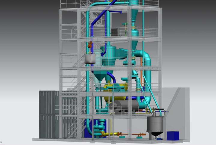 Computer-generated image of a direct reduction plant for iron ore fines developed by Primetals Technologies together with voestalpine Stahl Donawitz. The DR process is CO2-free and H2-based. A pilot plant for testing purposes will be set up at voestalpine Stahl Donawitz, Austria.