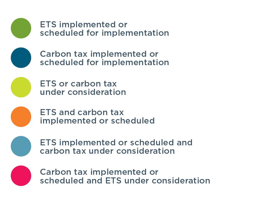 The legend explains the map visualized in the headline, which shows dark green where an ETS implemented or scheduled for implementation, dark blue where a carbon tax implemented or scheduled for implementation, a light green where an ETS or carbon tax under consideration, orange where an ETS and carbon tax implemented or scheduled, light blue where an ETS implemented or scheduled and carbon tax under consideration, and pink where a carbon tax implemented or scheduled and ETS under consideration