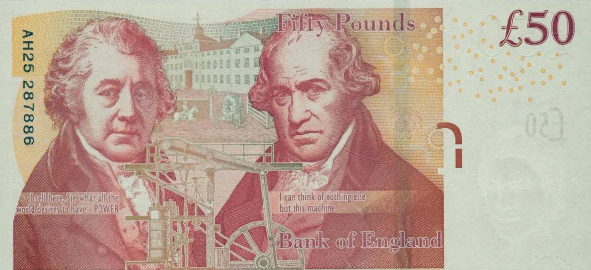 The current UK £50 banknote featuring Matthew Boulton and James Watt.
