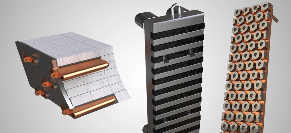 Render showing blast furnace plate cooler a cast iron stave and a wear-resistant copper stave