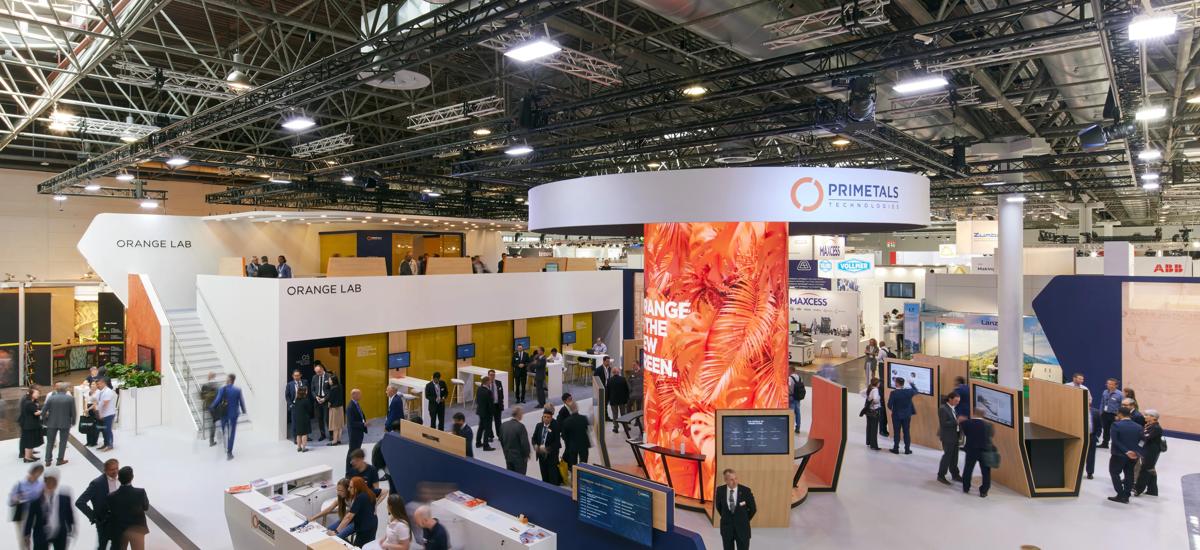 Overhead view of the stand at METEC 2023 from Primetals Technologies. 