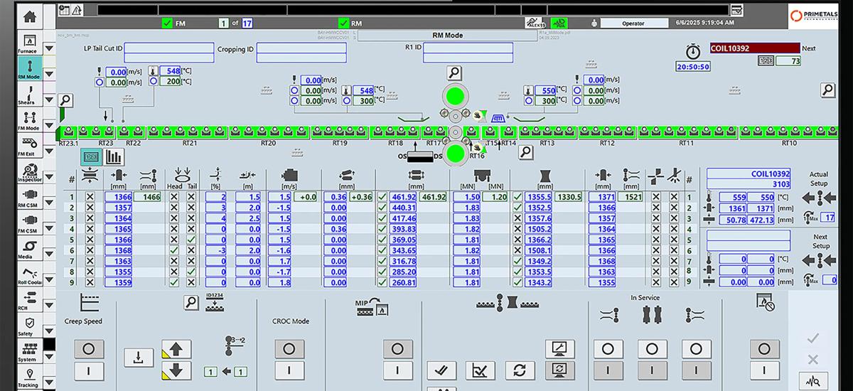 HMI screen of an Aluminum Roughing Mill displaying real-time process data, including strip thickness, rolling speed, and mill settings, allowing operators to monitor and control the early stages of aluminum strip production.