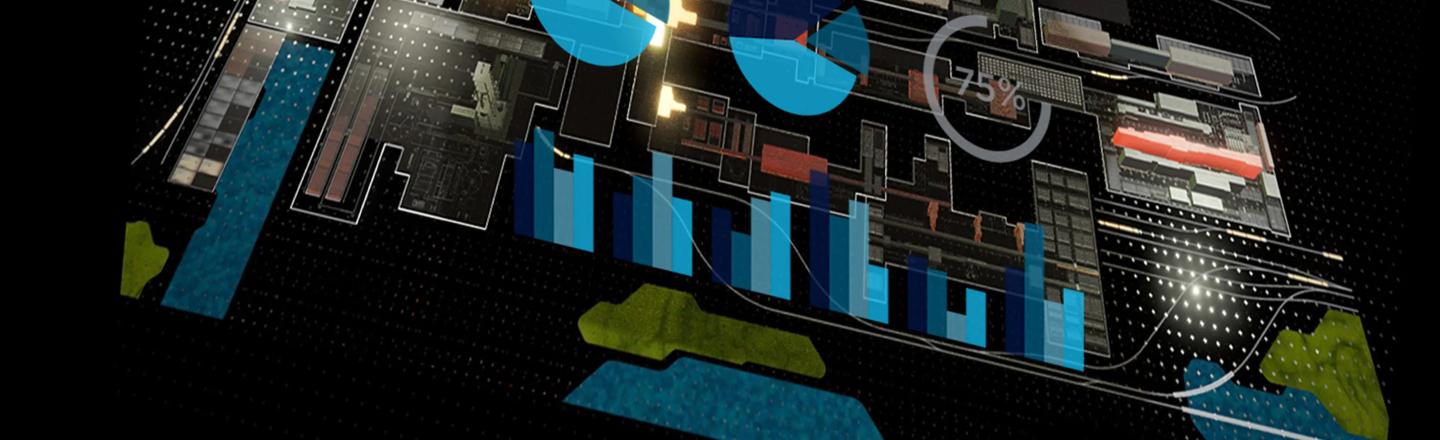Image of a virtual steel plant overlayed by transparent dashboards